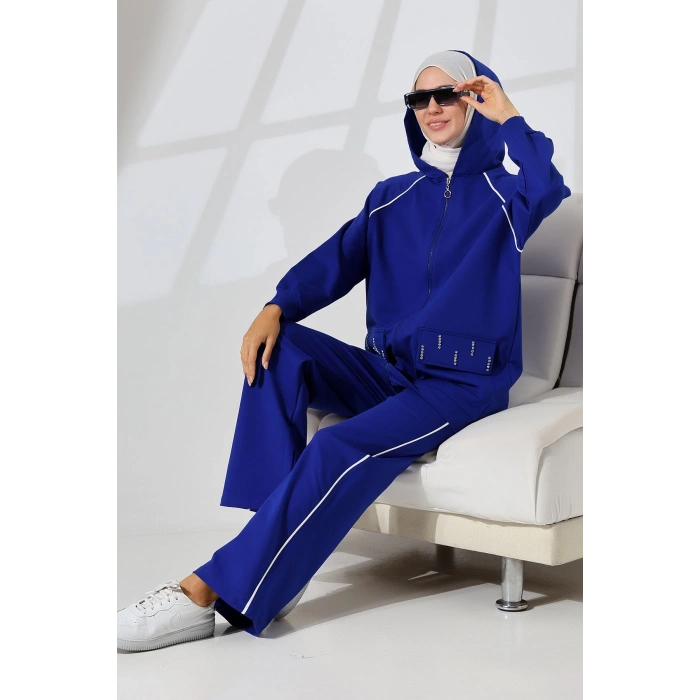 Kadın Saks Mavisi Mevsimlik Penye Alt Üst Spor Ve Rahat Ikili Tunik Pantolon Şık Tesettür Takım