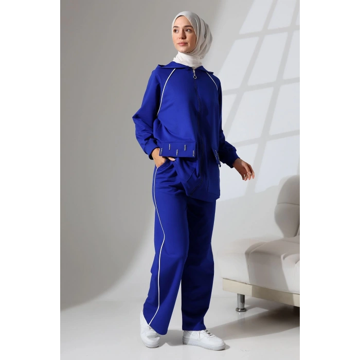 Kadın Saks Mavisi Mevsimlik Penye Alt Üst Spor Ve Rahat Ikili Tunik Pantolon Şık Tesettür Takım