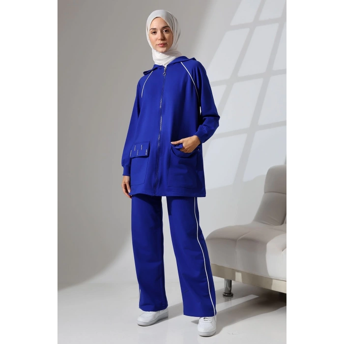 Kadın Saks Mavisi Mevsimlik Penye Alt Üst Spor Ve Rahat Ikili Tunik Pantolon Şık Tesettür Takım