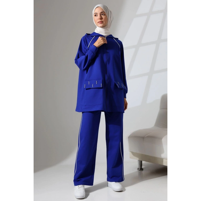 Kadın Saks Mavisi Mevsimlik Penye Alt Üst Spor Ve Rahat Ikili Tunik Pantolon Şık Tesettür Takım