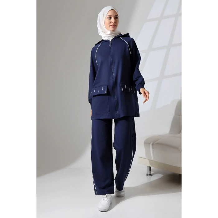 Kadın Lacivert Mevsimlik Penye Alt Üst Spor Ve Rahat Ikili Tunik Pantolon Şık Tesettür Takım