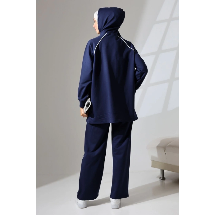 Kadın Lacivert Mevsimlik Penye Alt Üst Spor Ve Rahat Ikili Tunik Pantolon Şık Tesettür Takım