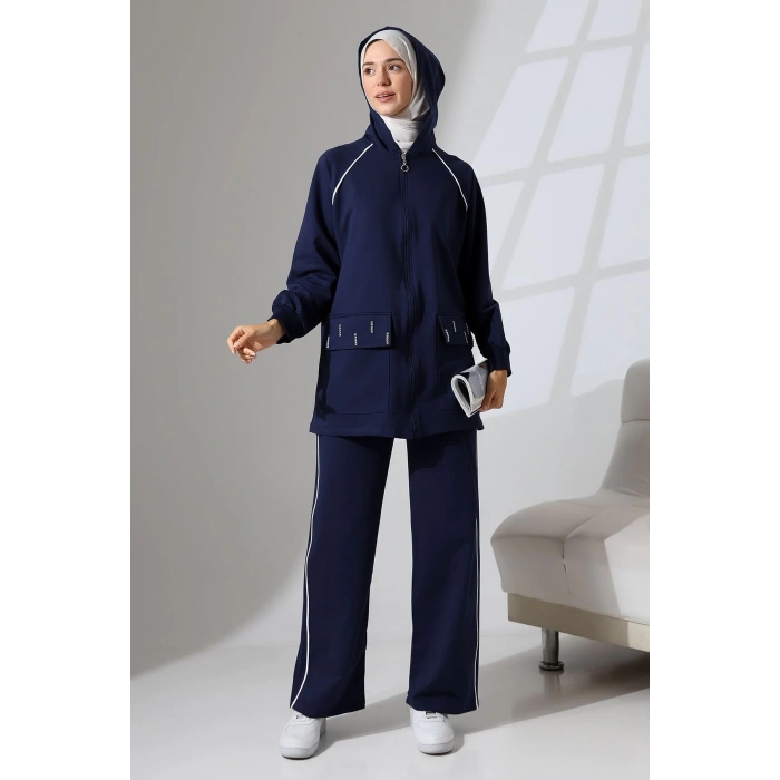 Kadın Lacivert Mevsimlik Penye Alt Üst Spor Ve Rahat Ikili Tunik Pantolon Şık Tesettür Takım