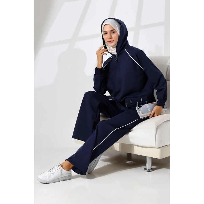 Kadın Lacivert Mevsimlik Penye Alt Üst Spor Ve Rahat Ikili Tunik Pantolon Şık Tesettür Takım
