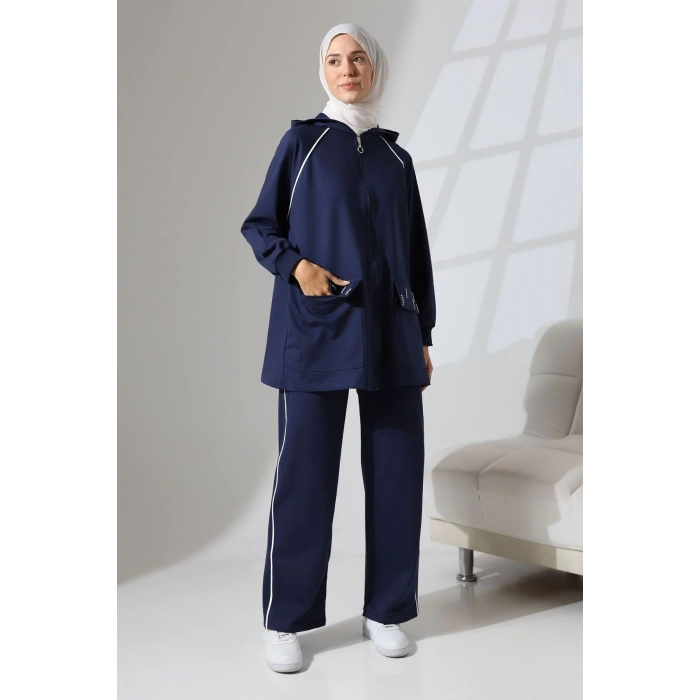 Kadın Lacivert Mevsimlik Penye Alt Üst Spor Ve Rahat Ikili Tunik Pantolon Şık Tesettür Takım