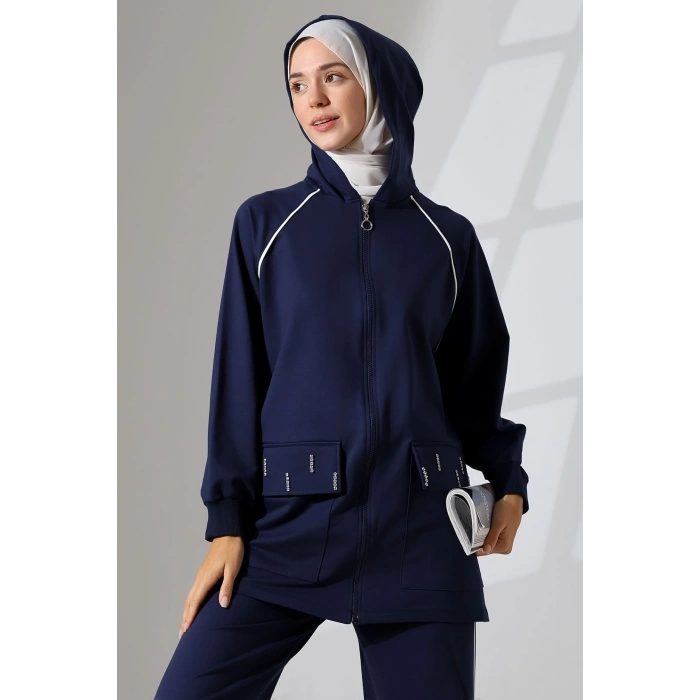 Kadın Lacivert Mevsimlik Penye Alt Üst Spor Ve Rahat Ikili Tunik Pantolon Şık Tesettür Takım