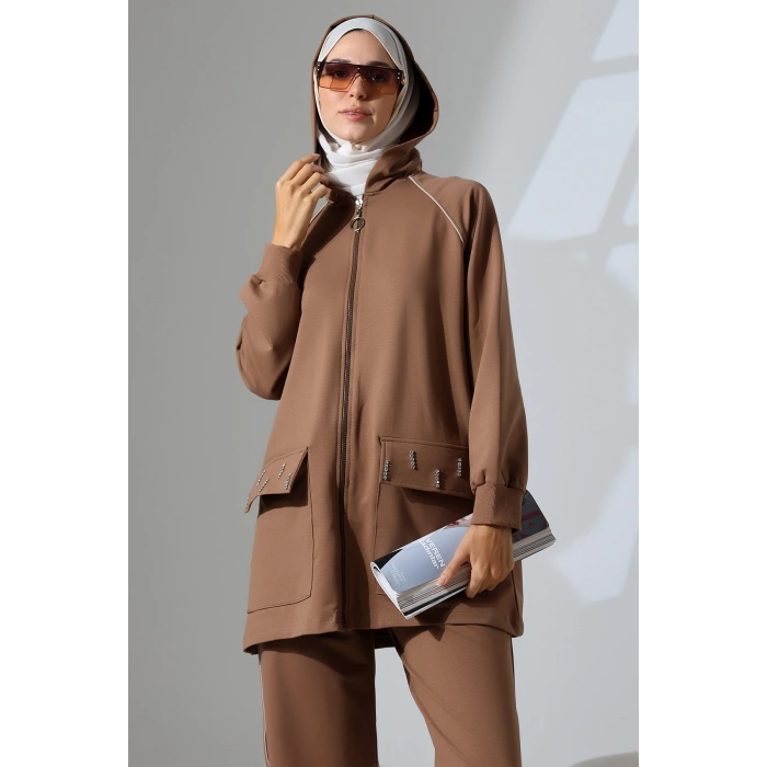 Kadın Kahverengi Mevsimlik Penye Alt Üst Spor Ve Rahat Ikili Tunik Pantolon Şık Tesettür Takım