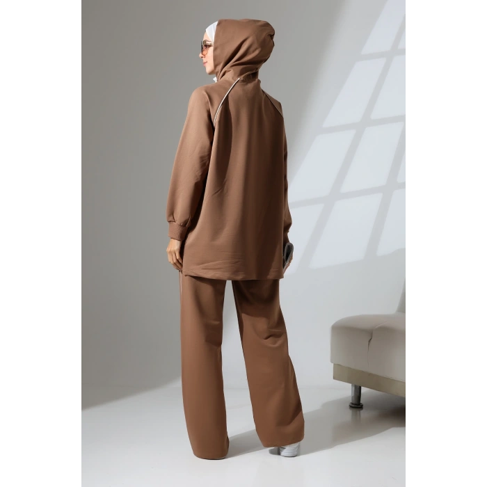 Kadın Kahverengi Mevsimlik Penye Alt Üst Spor Ve Rahat Ikili Tunik Pantolon Şık Tesettür Takım