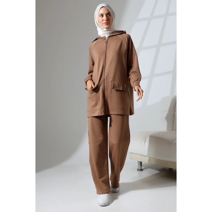 Kadın Kahverengi Mevsimlik Penye Alt Üst Spor Ve Rahat Ikili Tunik Pantolon Şık Tesettür Takım