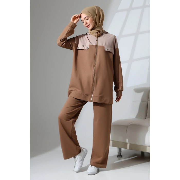 Kadın Kahverengi Mevsimlik Penye Alt Üst Spor ve Rahat Tesettür Takım