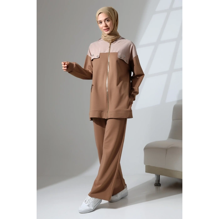 Kadın Kahverengi Mevsimlik Penye Alt Üst Spor ve Rahat Tesettür Takım