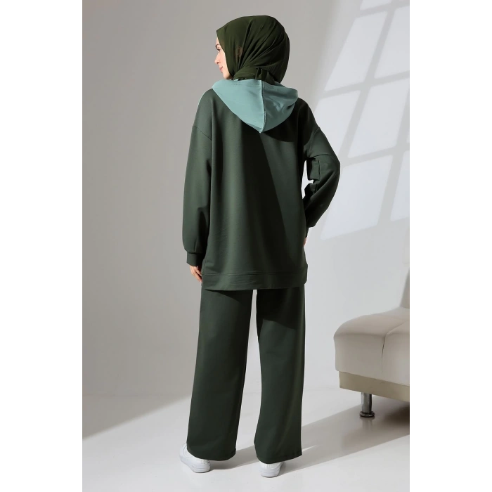 Kadın Haki Yeşili Mevsimlik Penye Alt Üst Spor Ve Rahat Ikili Tunik Pantolon Şık Tesettür Takım