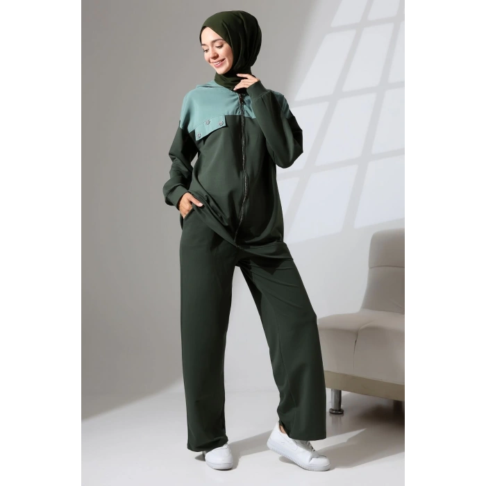 Kadın Haki Yeşili Mevsimlik Penye Alt Üst Spor Ve Rahat Ikili Tunik Pantolon Şık Tesettür Takım