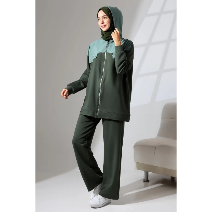 Kadın Haki Yeşili Mevsimlik Penye Alt Üst Spor Ve Rahat Ikili Tunik Pantolon Şık Tesettür Takım