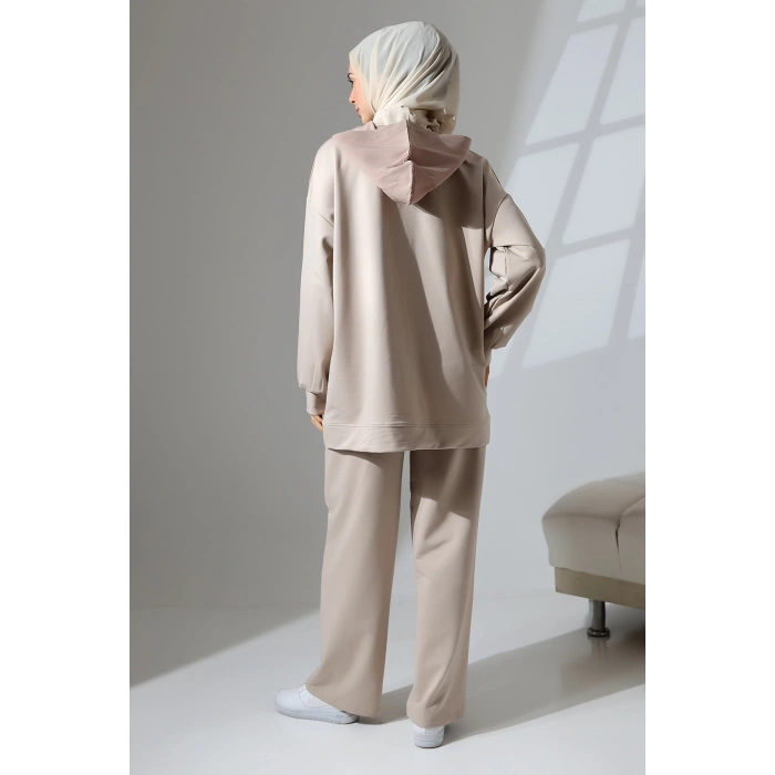 Kadın Taş Rengi Mevsimlik Penye Alt Üst Spor Ve Rahat Ikili Tunik Pantolon Şık Tesettür Takım