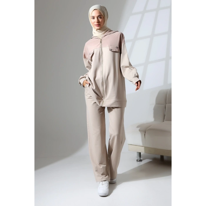 Kadın Taş Rengi Mevsimlik Penye Alt Üst Spor Ve Rahat Ikili Tunik Pantolon Şık Tesettür Takım