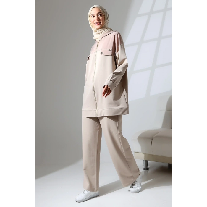 Kadın Taş Rengi Mevsimlik Penye Alt Üst Spor Ve Rahat Ikili Tunik Pantolon Şık Tesettür Takım