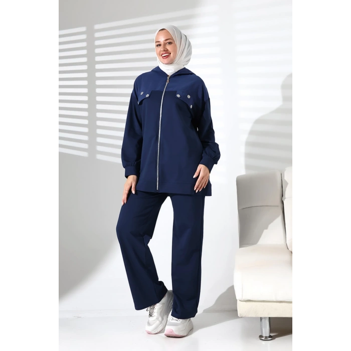 Kadın Mevsimlik Alt ve Üst Rahat Lacivert Spor Tesettür Takım