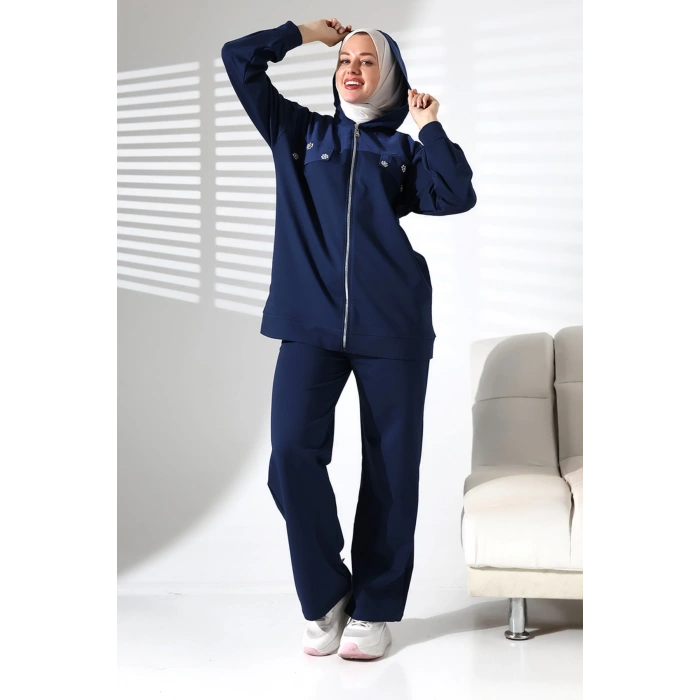 Kadın Mevsimlik Alt ve Üst Rahat Lacivert Spor Tesettür Takım