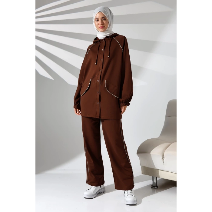 Kadın Mevsimlik Penye Alt Üst Spor Ve Rahat Kahverengi Ikili Tunik Pantolon Şık Tesettür Takım