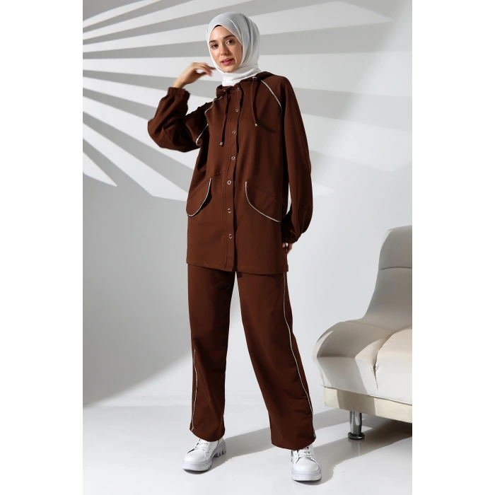 Kadın Mevsimlik Penye Alt Üst Spor Ve Rahat Kahverengi Ikili Tunik Pantolon Şık Tesettür Takım