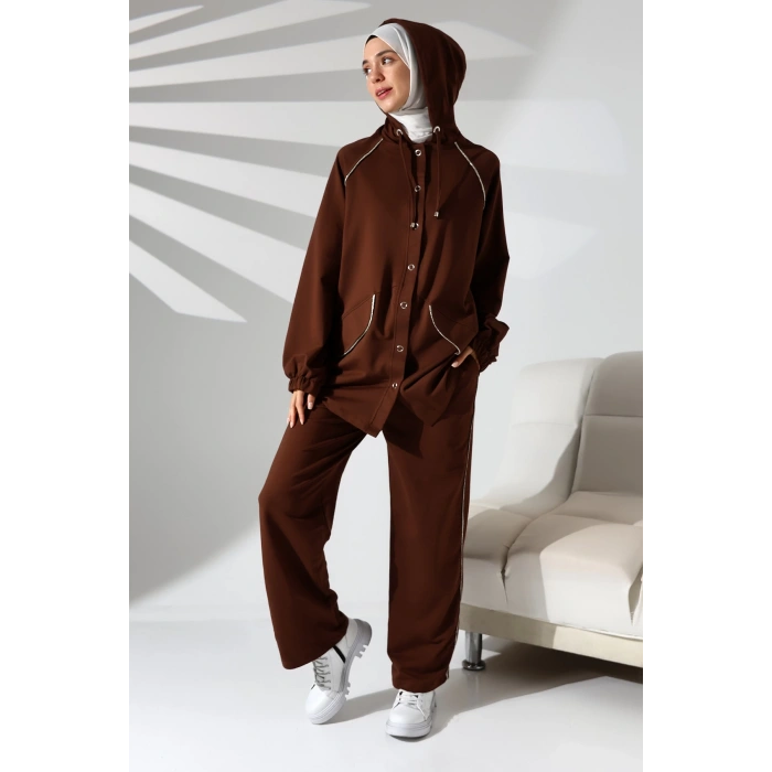 Kadın Mevsimlik Penye Alt Üst Spor Ve Rahat Kahverengi Ikili Tunik Pantolon Şık Tesettür Takım