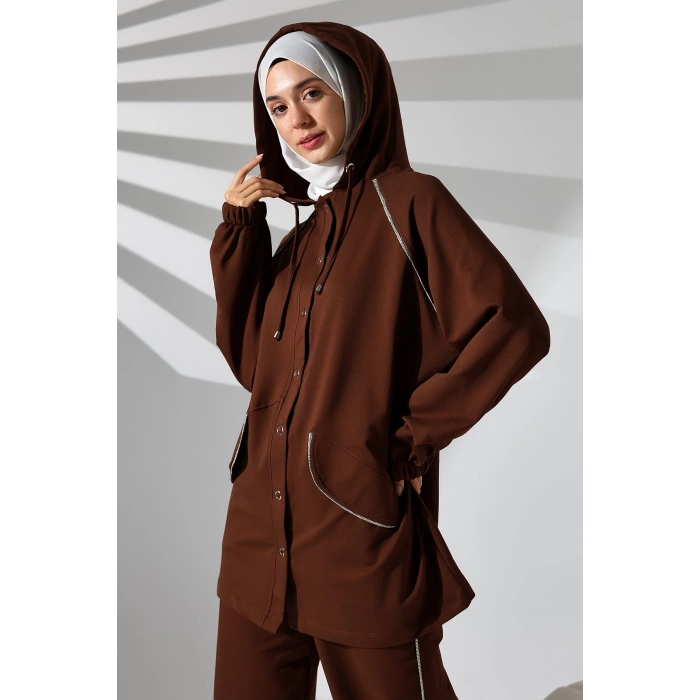 Kadın Mevsimlik Penye Alt Üst Spor Ve Rahat Kahverengi Ikili Tunik Pantolon Şık Tesettür Takım