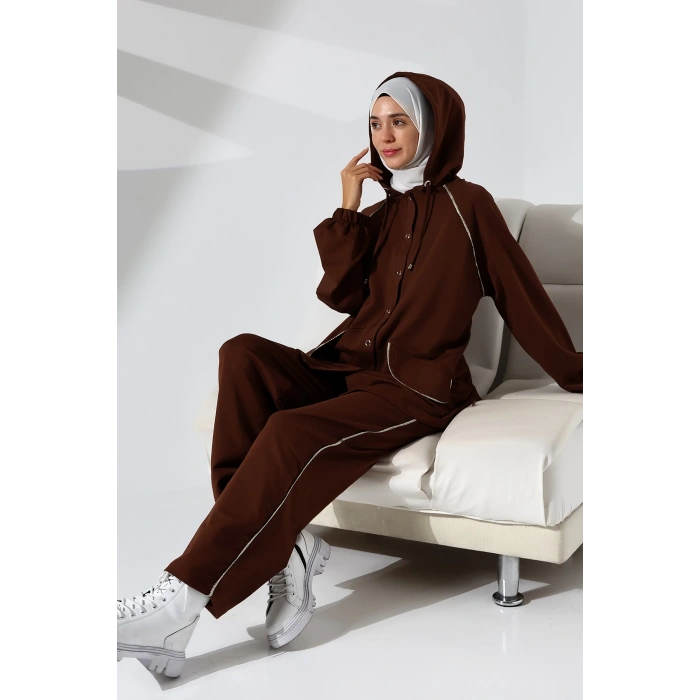 Kadın Mevsimlik Penye Alt Üst Spor Ve Rahat Kahverengi Ikili Tunik Pantolon Şık Tesettür Takım