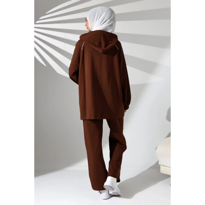 Kadın Mevsimlik Penye Alt Üst Spor Ve Rahat Kahverengi Ikili Tunik Pantolon Şık Tesettür Takım