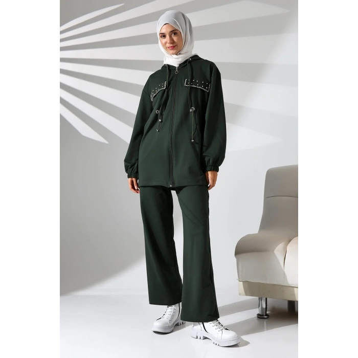 Kadın Mevsimlik Penye Alt Üst Spor Ve Rahat Haki Ikili Tunik Pantolon Şık Tesettür Takım