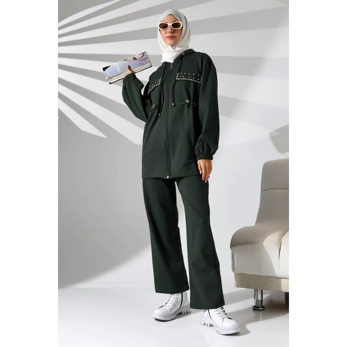 Kadın Mevsimlik Penye Alt Üst Spor Ve Rahat Haki Ikili Tunik Pantolon Şık Tesettür Takım
