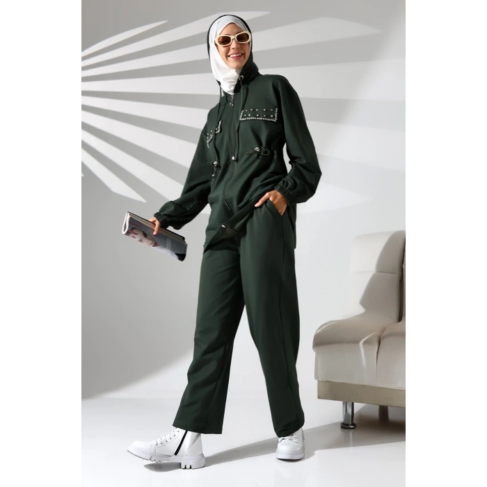 Kadın Mevsimlik Penye Alt Üst Spor Ve Rahat Haki Ikili Tunik Pantolon Şık Tesettür Takım