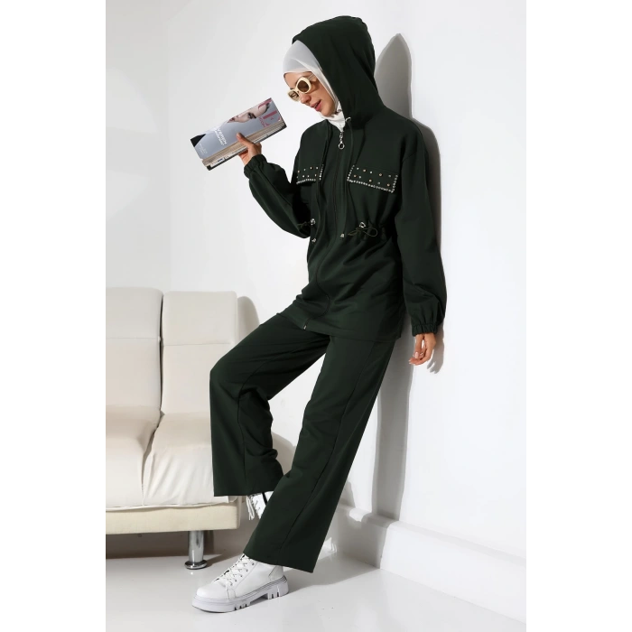 Kadın Mevsimlik Penye Alt Üst Spor Ve Rahat Haki Ikili Tunik Pantolon Şık Tesettür Takım