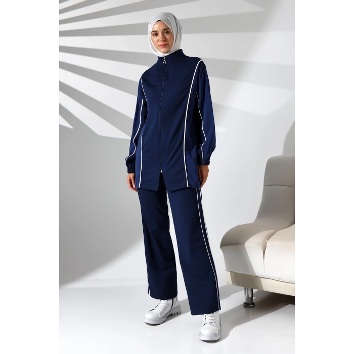 Kadın Mevsimlik Penye Alt Üst Spor Ve Rahat Lacivert Ikili Tunik Pantolon Şık Tesettür Takım