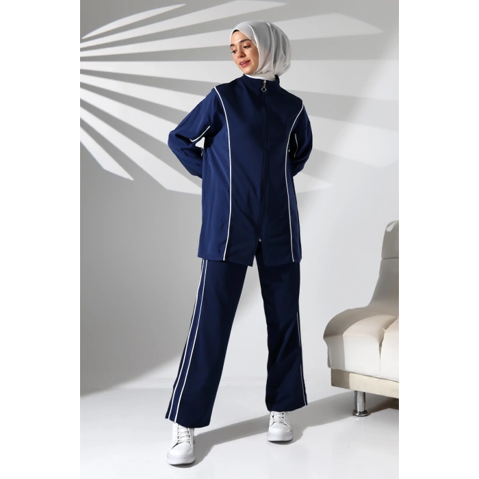 Kadın Mevsimlik Penye Alt Üst Spor Ve Rahat Lacivert Ikili Tunik Pantolon Şık Tesettür Takım