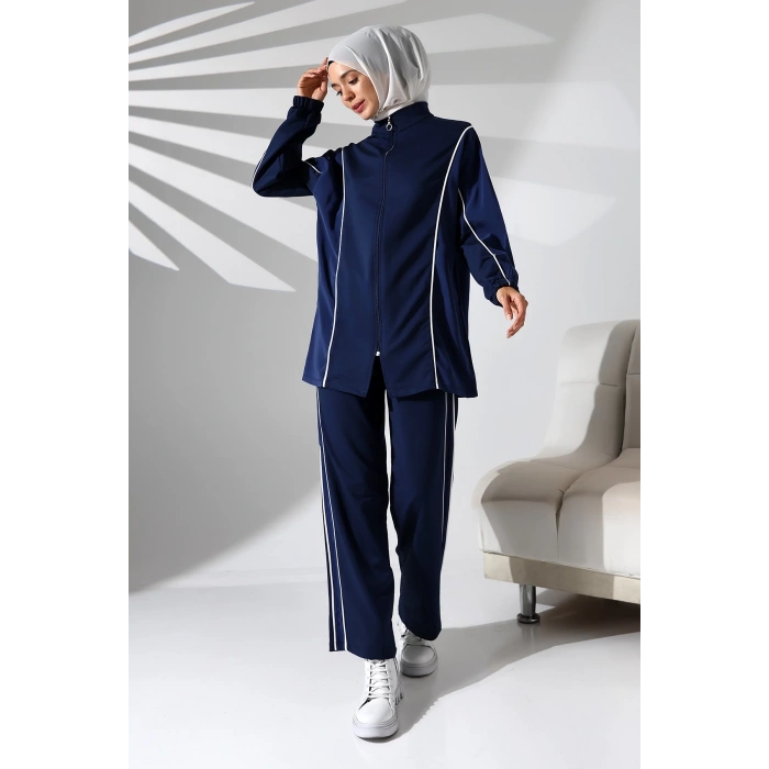 Kadın Mevsimlik Penye Alt Üst Spor Ve Rahat Lacivert Ikili Tunik Pantolon Şık Tesettür Takım