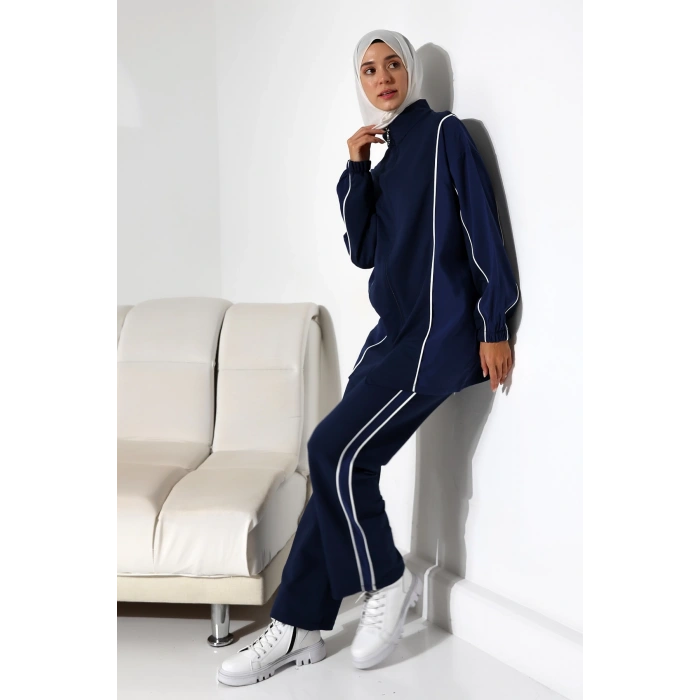 Kadın Mevsimlik Penye Alt Üst Spor Ve Rahat Lacivert Ikili Tunik Pantolon Şık Tesettür Takım