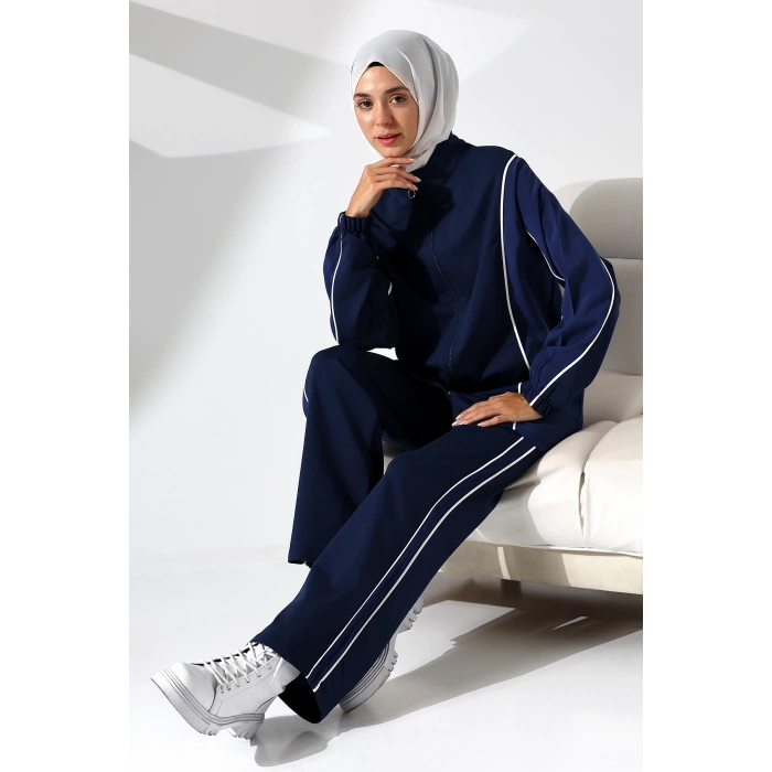 Kadın Mevsimlik Penye Alt Üst Spor Ve Rahat Lacivert Ikili Tunik Pantolon Şık Tesettür Takım
