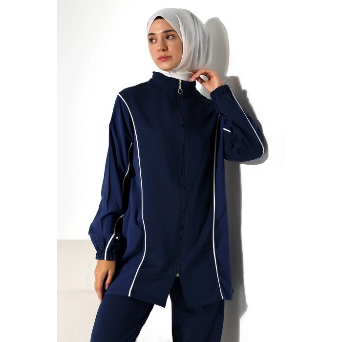 Kadın Mevsimlik Penye Alt Üst Spor Ve Rahat Lacivert Ikili Tunik Pantolon Şık Tesettür Takım