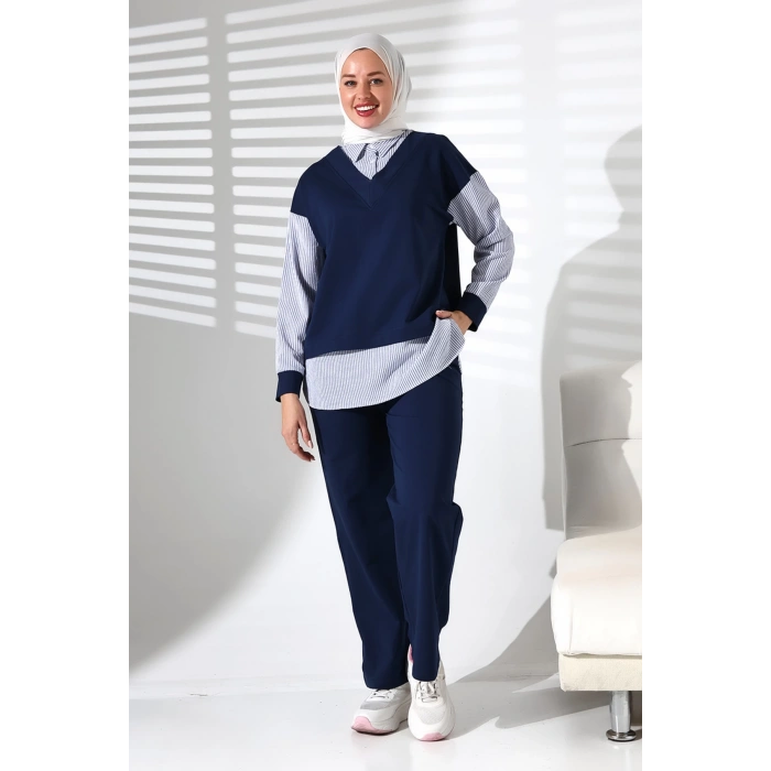 Kadın Mevsimlik Alt ve Üst Rahat Lacivert Spor Tesettür Takım