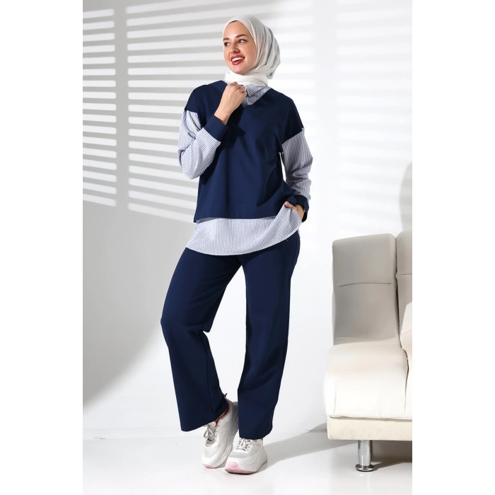 Kadın Mevsimlik Alt ve Üst Rahat Lacivert Spor Tesettür Takım