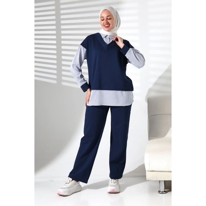 Kadın Mevsimlik Alt ve Üst Rahat Lacivert Spor Tesettür Takım
