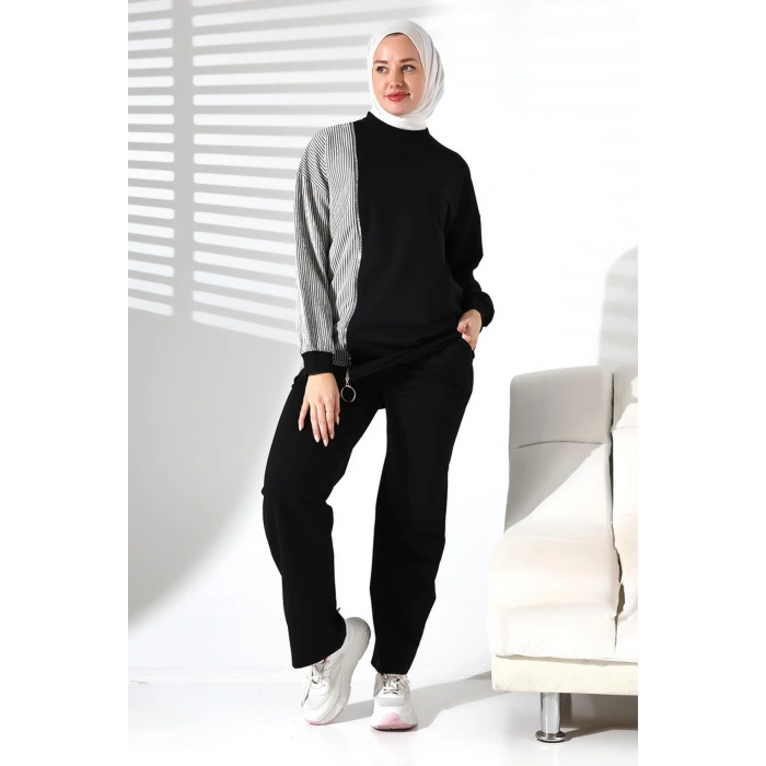 Kadın Mevsimlik Alt ve Üst Rahat Siyah Spor Tesettür Takım