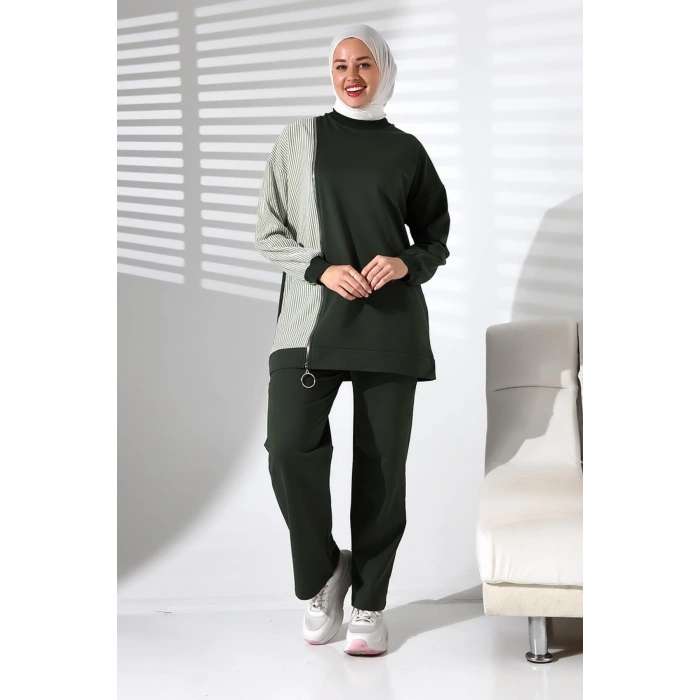 Kadın Mevsimlik Alt Üst Rahat Haki Spor Ikili Tunik Pantolon Şık Tesettür Takım