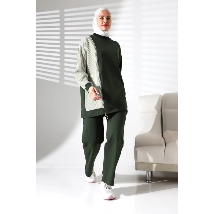 Kadın Mevsimlik Alt Üst Rahat Haki Spor Ikili Tunik Pantolon Şık Tesettür Takım