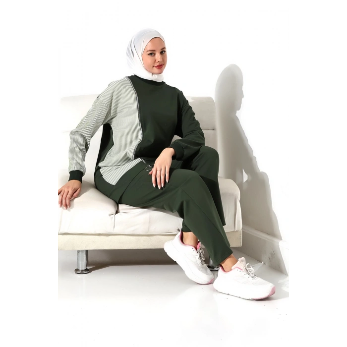 Kadın Mevsimlik Alt Üst Rahat Haki Spor Ikili Tunik Pantolon Şık Tesettür Takım
