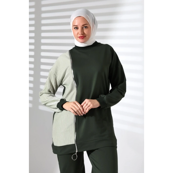 Kadın Mevsimlik Alt Üst Rahat Haki Spor Ikili Tunik Pantolon Şık Tesettür Takım