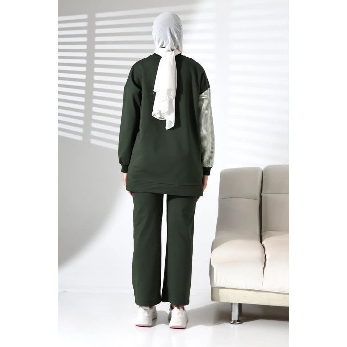 Kadın Mevsimlik Alt Üst Rahat Haki Spor Ikili Tunik Pantolon Şık Tesettür Takım