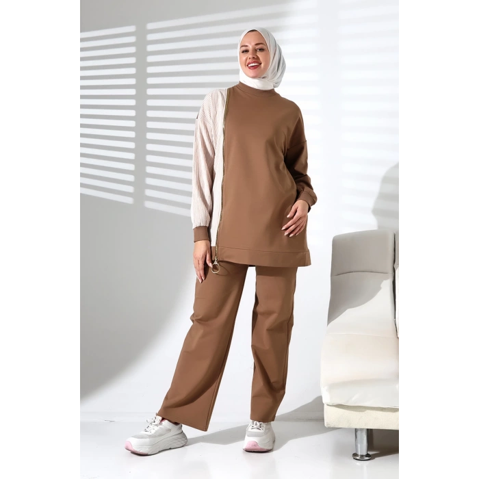 Kadın Mevsimlik Alt Üst Rahat Kahverengi Spor Ikili Tunik Pantolon Şık Tesettür Takım