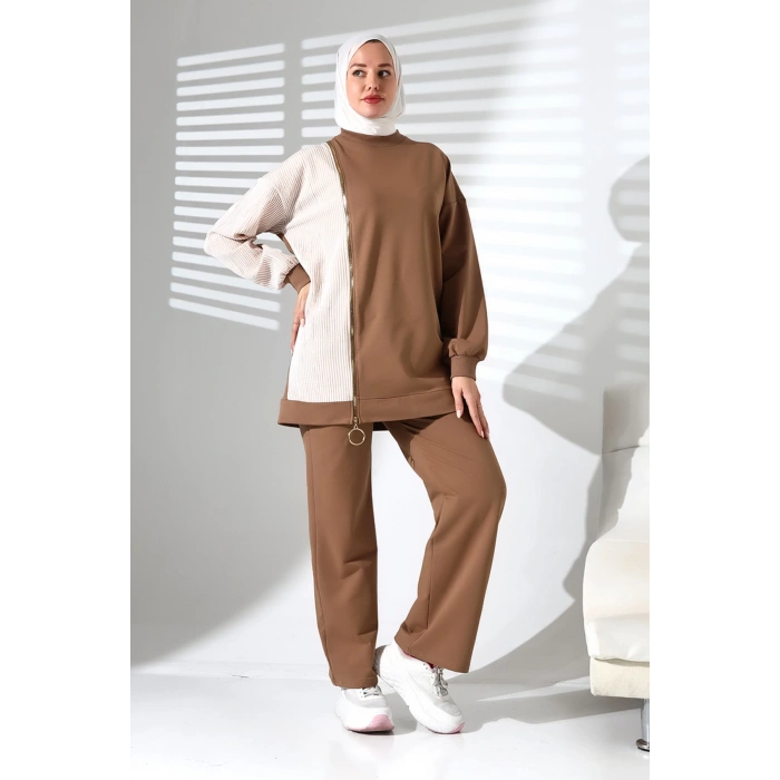 Kadın Mevsimlik Alt Üst Rahat Kahverengi Spor Ikili Tunik Pantolon Şık Tesettür Takım